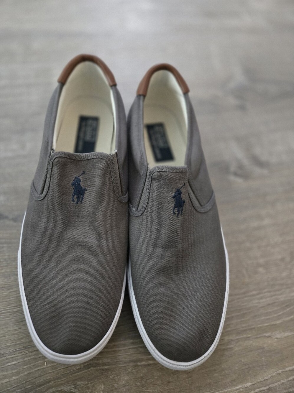 Ralph Lauren Men's Vaughn Slip-On Sneakers in gray canvas with brown heel Sz.13